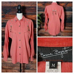 Vintage 80s Bonnie Boynton Top M Western Coral Embellished Button Up USA Made